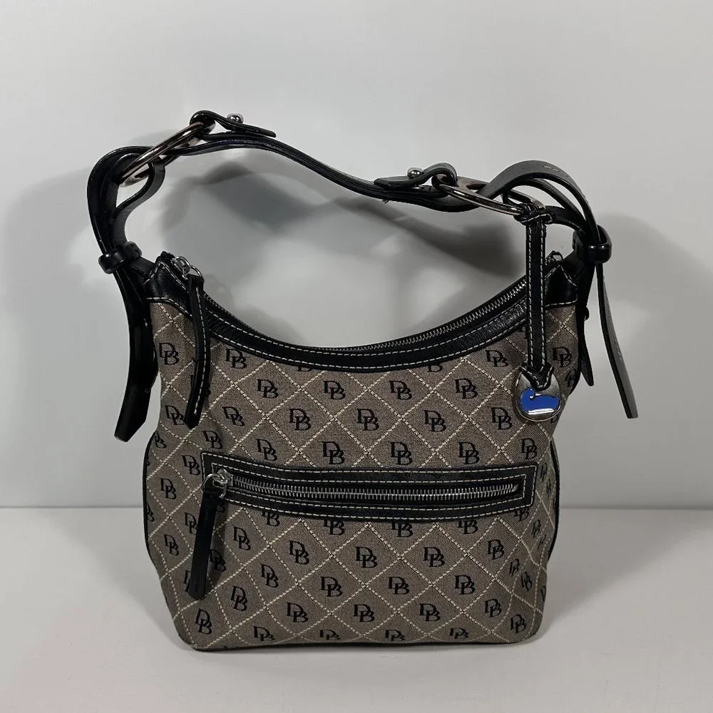 Dooney Bourke Gray Fabric Black Leather Trim Logo Shoulder Bag - Picture 1 of 8